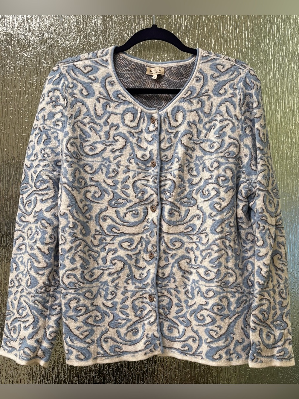 Novica Made in Peru Light Blue & Cream Scroll-Pattern Cardigan